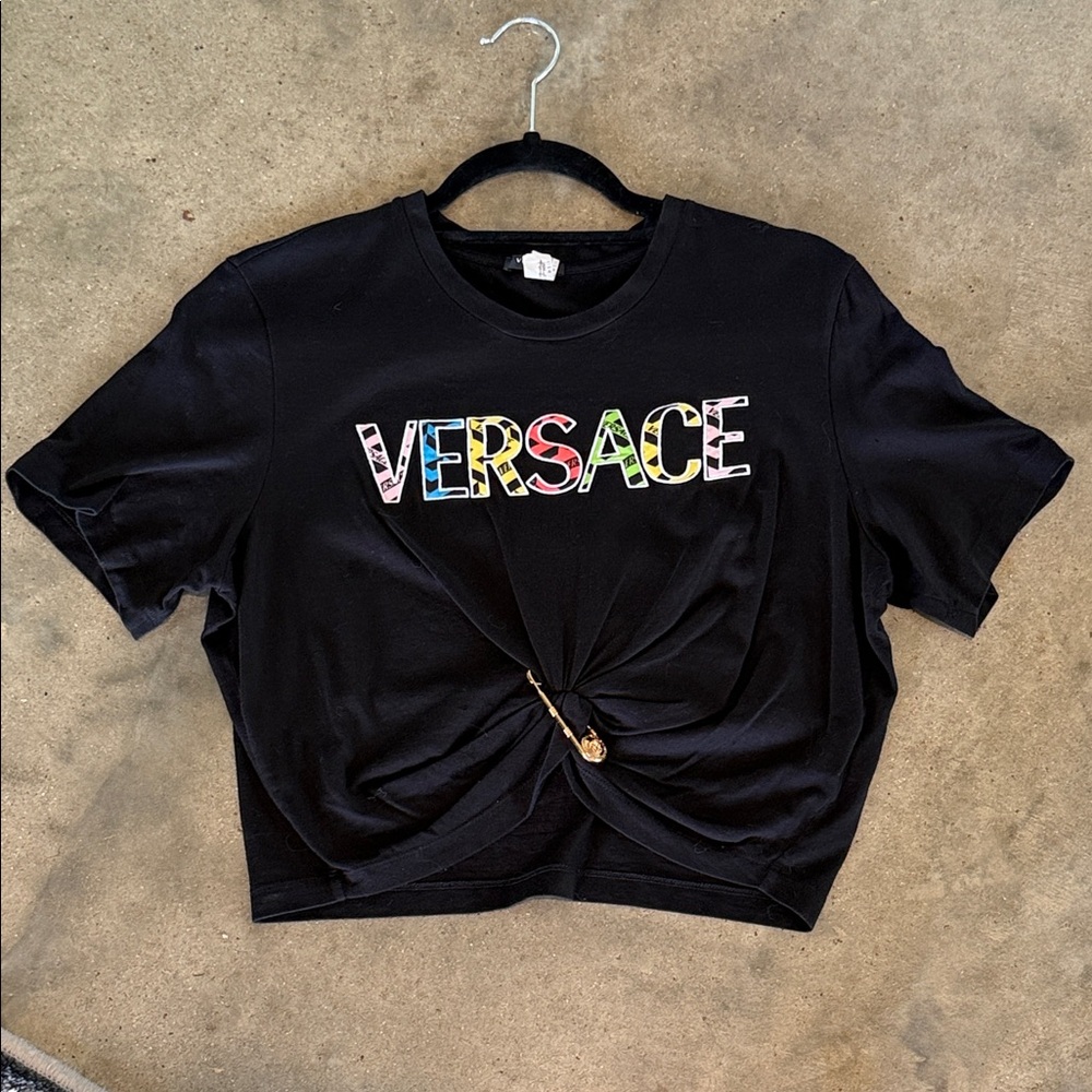 Authentic Versace Black Crop Tee with Multicolor Logo and Gold Knot